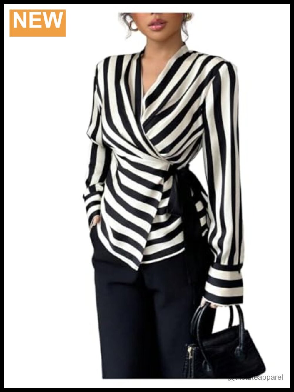 Striped V-Neck Long Sleeve Wrap Blouse for Women